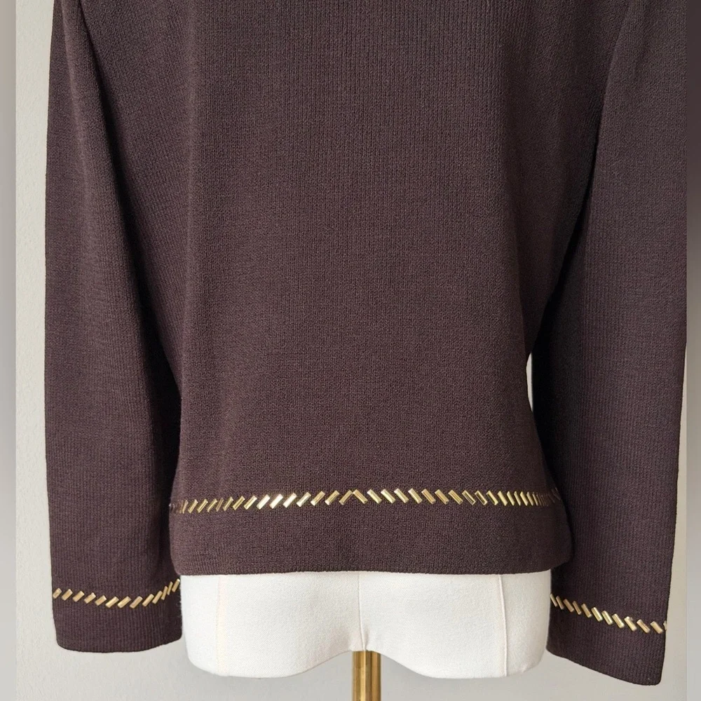 ✨St. John Collection Brown Suede Knit Jacket Gold Chain Trim Zipper Blazer - 10